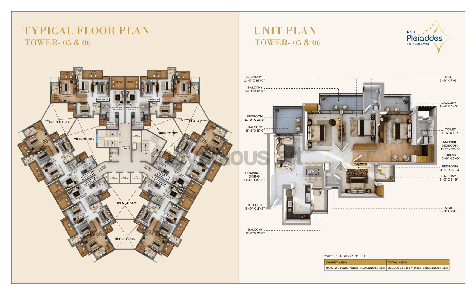 3 BHK Type A floor plan at RG PLEIADDES