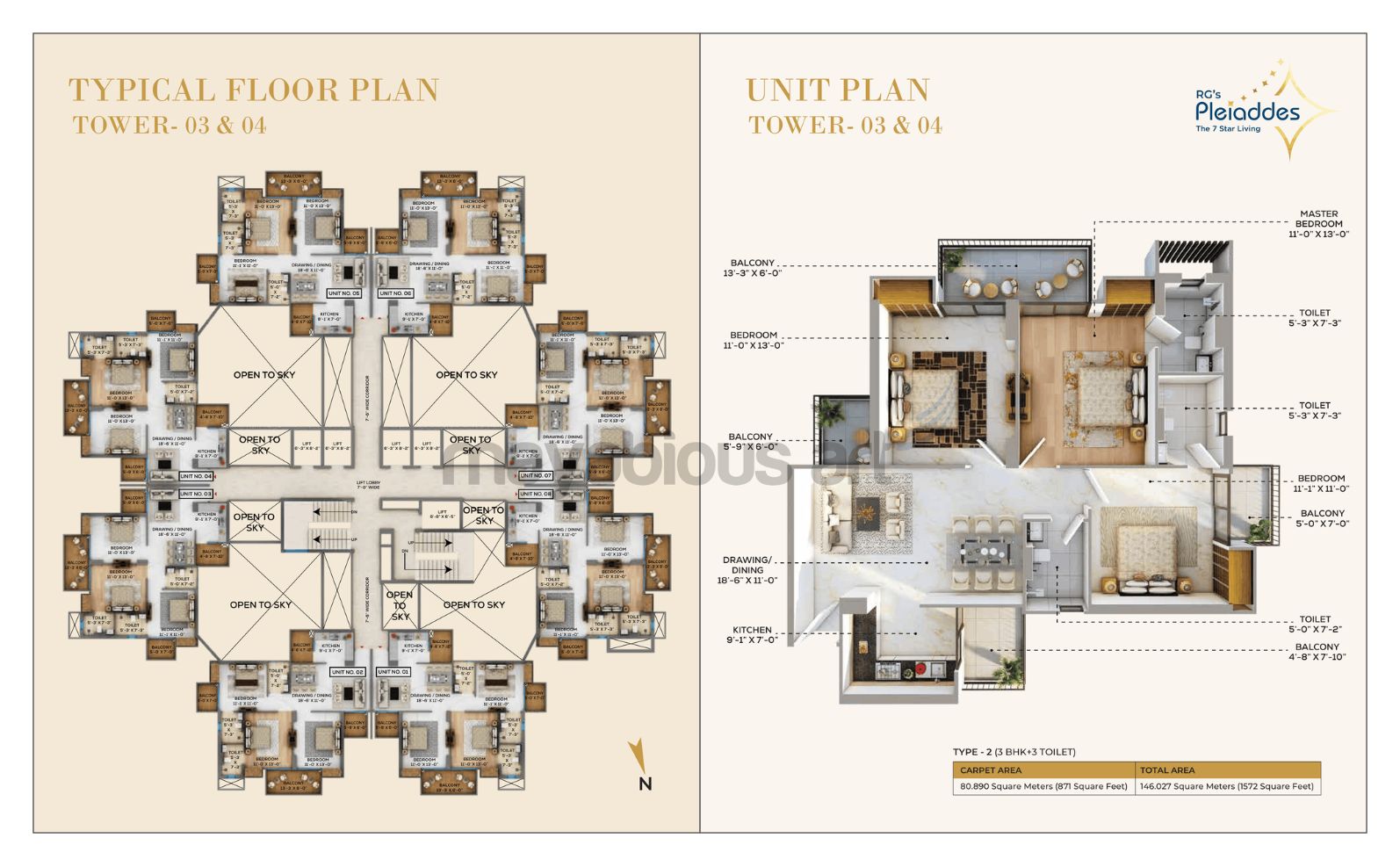 3 BHK Type B floor plan at RG PLEIADDES
